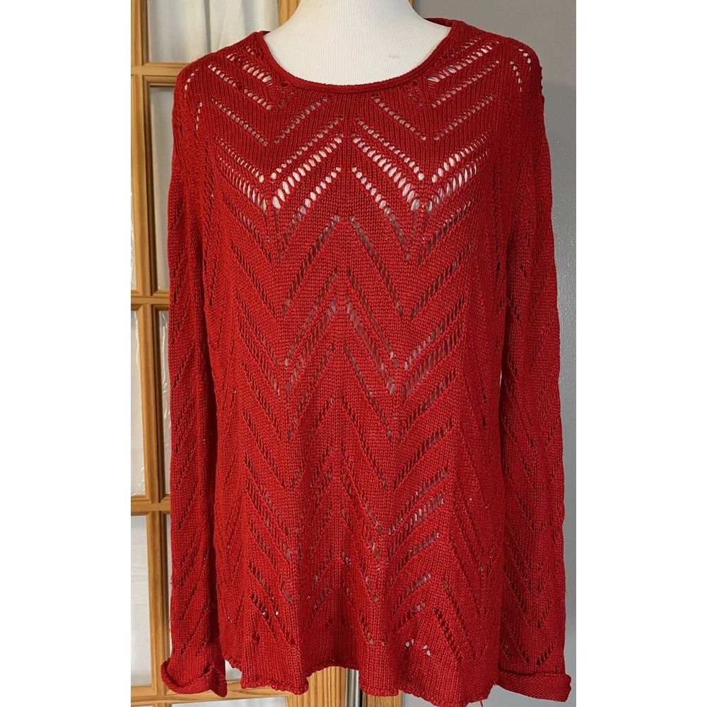 FYLO Open Knit Pullover Sweater Women's Sz L Red Chevron Pattern Holiday Classic